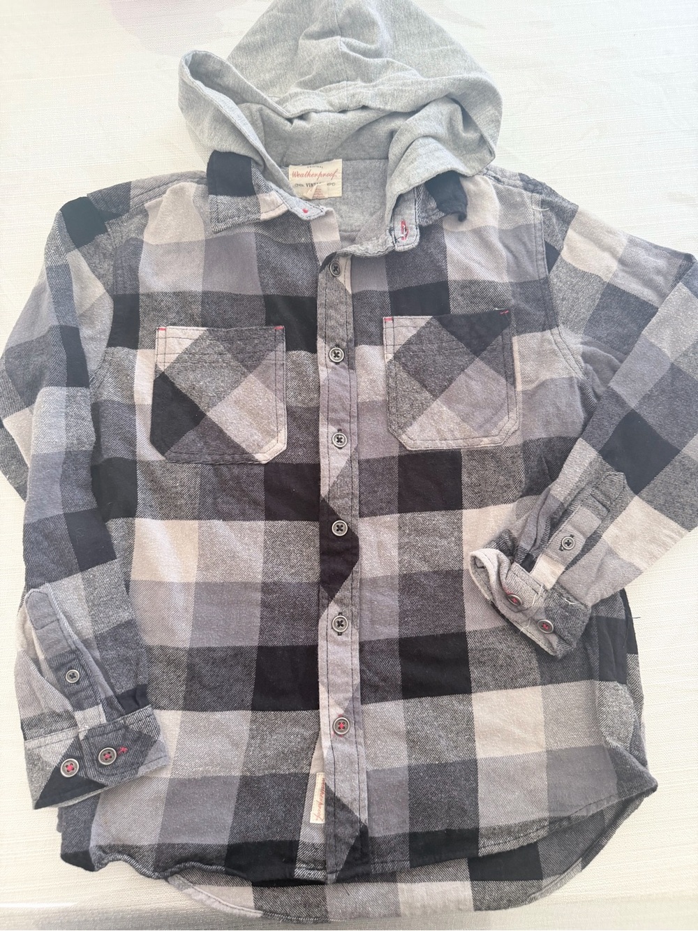 Weatherproof Gray & Black Plaid Hooded Button-Down Shirt